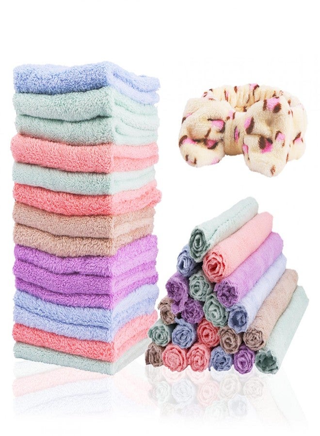Denpetec Face Towel, 24Pcs Face Wash Cloth, Microfiber Soft Face Towel, with 1pc Women Headband Coral Fleece, Highly Absorbent, Easy to Carry, Wash Cloths for Your Face - Image 1