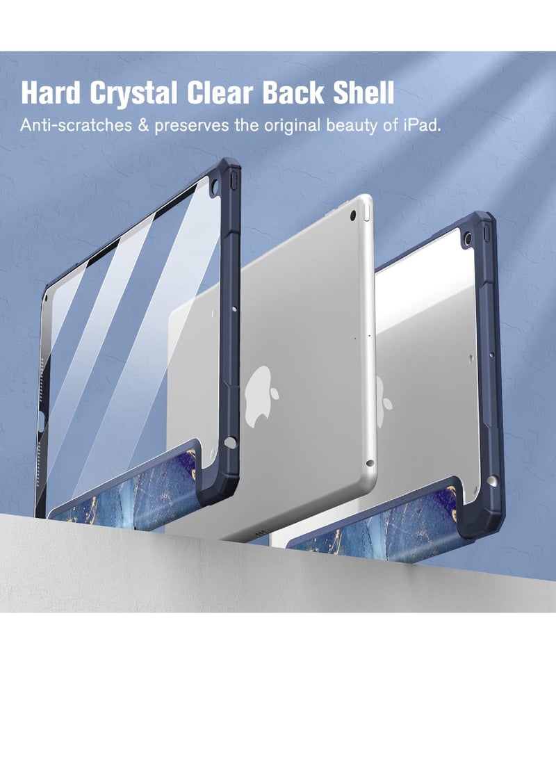 Rock Pow - Hybrid Slim Case for iPad 9/8/7th Generation (2021/2020 / 2019) 10.2 Inch - [Built-in Pencil Holder] Shockproof Cover with Clear Transparent Back Shell Auto Sleep Wake Ocean Marble - Image 1
