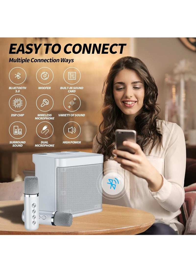For Karaoke Machine For Adults & Kids Portable Bluetooth Karaoke Speaker With 2 Wireless Microphones PA Speaker System For Indoor Outdoor Party Family Party(White)  - Image 2