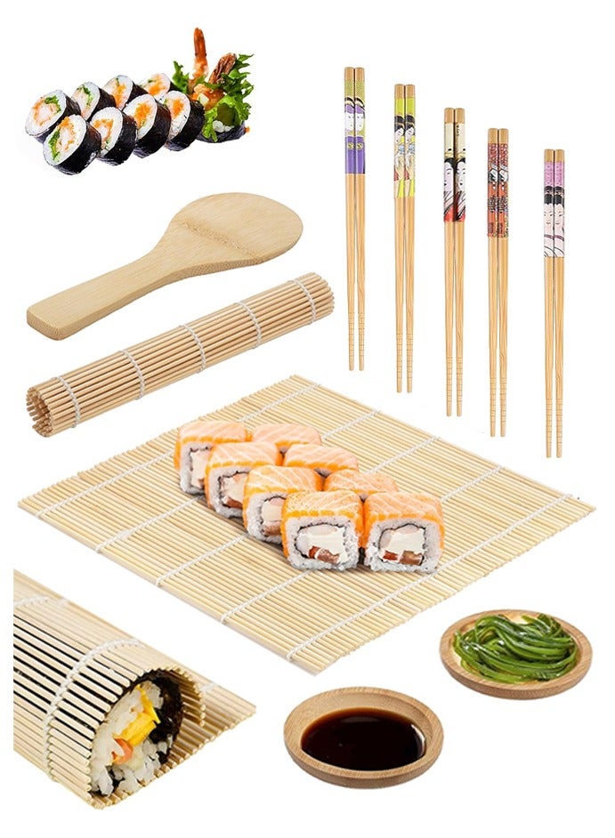Sushi Making Kit, 2 Pcs Bamboo Sushi Rolling Mats & 5 Pairs Chopsticks & 1 Rice Shaker & 2 Pcs Sauce Plates, Sushi Making Tools Set, Sushi Mat Bamboo for Beginners DIY Sushi at Home - Image 1