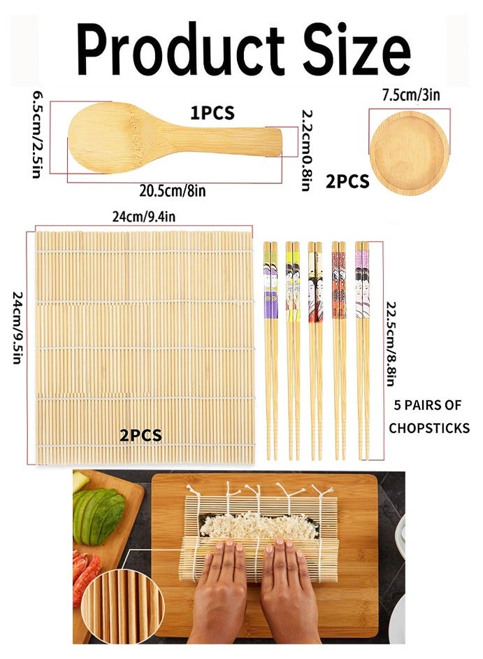 Sushi Making Kit, 2 Pcs Bamboo Sushi Rolling Mats & 5 Pairs Chopsticks & 1 Rice Shaker & 2 Pcs Sauce Plates, Sushi Making Tools Set, Sushi Mat Bamboo for Beginners DIY Sushi at Home - Image 2