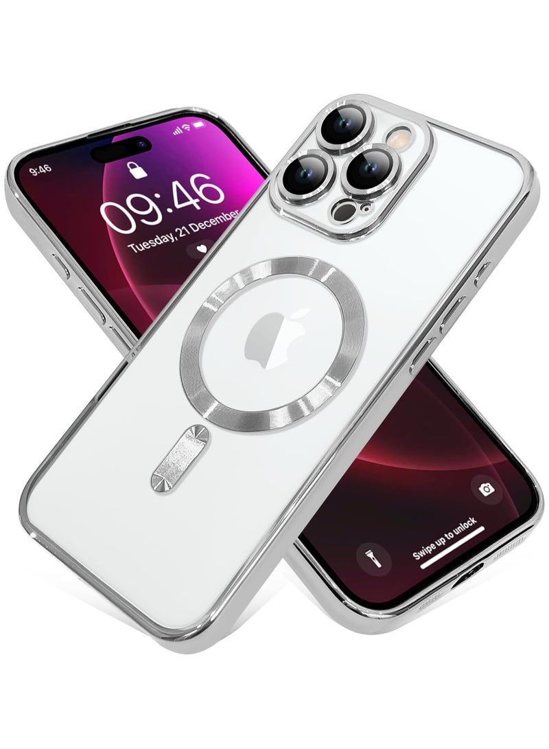 جراب مغناطيسي ناعم لهاتف iPhone 16 Pro Max مقاس 6.9 بوصة، حماية كاملة لعدسة الكاميرا، متوافق مع الشحن اللاسلكي MagSafe، غطاء هاتف TPU مطلي بالكهرباء مقاوم للصدمات - فضي - Image 1