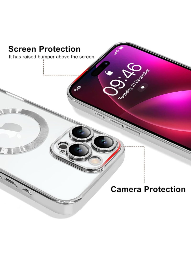 جراب مغناطيسي ناعم لهاتف iPhone 16 Pro Max مقاس 6.9 بوصة، حماية كاملة لعدسة الكاميرا، متوافق مع الشحن اللاسلكي MagSafe، غطاء هاتف TPU مطلي بالكهرباء مقاوم للصدمات - فضي - Image 2