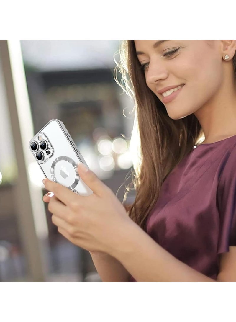 جراب مغناطيسي ناعم لهاتف iPhone 16 Pro Max مقاس 6.9 بوصة، حماية كاملة لعدسة الكاميرا، متوافق مع الشحن اللاسلكي MagSafe، غطاء هاتف TPU مطلي بالكهرباء مقاوم للصدمات - فضي - Image 4