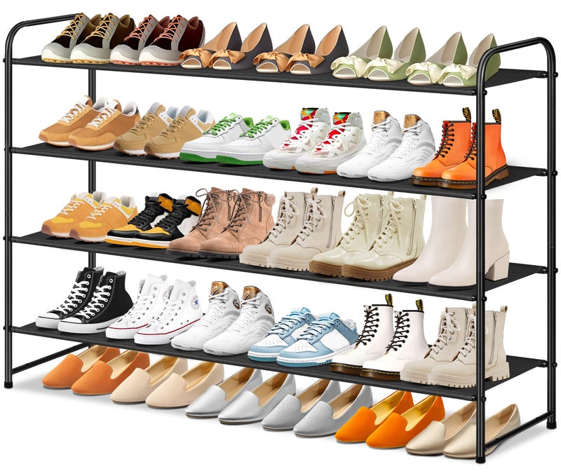 SLEEPING LAMB Long 4Tier Shoe Organizer for Closet Stackable Wide Shoe Rack Holds 30Pairs Low Shoe Shelf Storage for Bedroom Floor EntrywayBlack