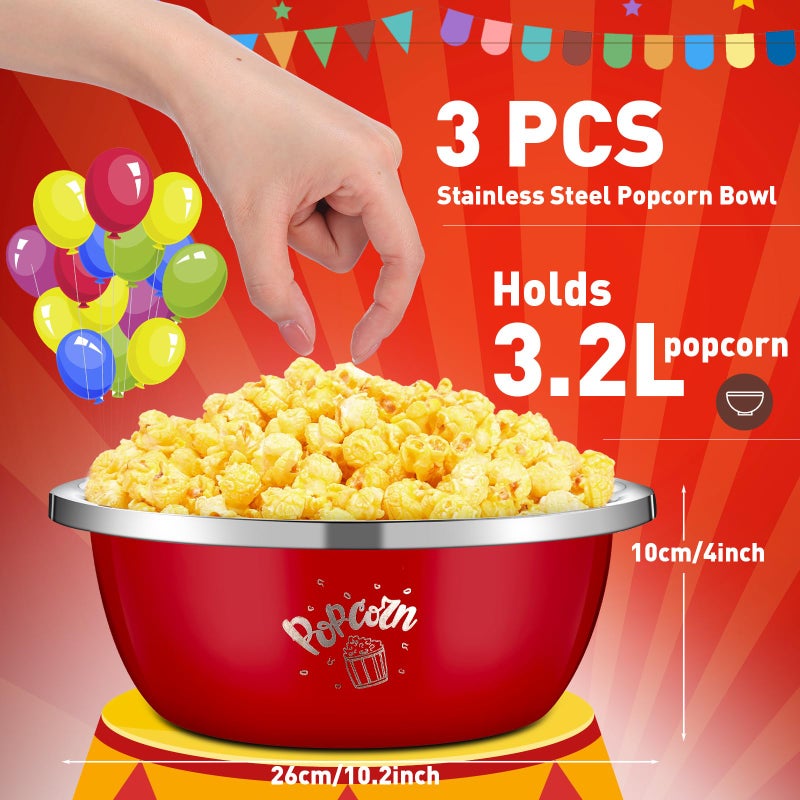 Skybooly 3 Pcs Popcorn Bowls 3.4 Qt Stainless Steel Mixing Bowl Metal Bowl Stainless Steel Bowls Large Reusable Popcorn Serving Bowl for Home Movie Kitchen (Red) - Image 2