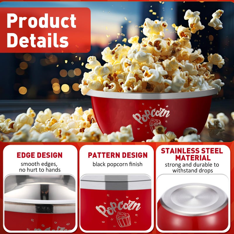 Skybooly 3 Pcs Popcorn Bowls 3.4 Qt Stainless Steel Mixing Bowl Metal Bowl Stainless Steel Bowls Large Reusable Popcorn Serving Bowl for Home Movie Kitchen (Red) - Image 3
