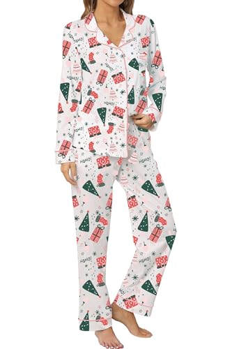 LUBOT Christmas Pajamas 100 Cotton Womens Pajamas Set Soft 2PC PJ Set for Women Long Sleeve ButtonDown Xmas Two Piece Sleepwear Loungewear GiftXL - Image 1