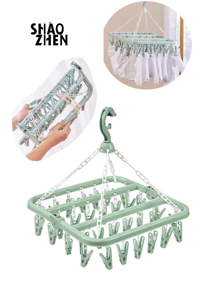 SHAOZHEN Sock Airer with 32 Clips, Indoor and Outdoor Clothes Hanging Airer, Folding Rotary Clothes Airer for Socks, Underwear and Small Clothes (Green) - Image 1