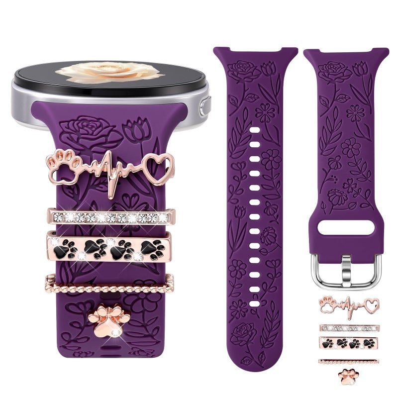 DaQin Flower Engraved Bands Compatible with Samsung Galaxy Watch 8 Band 40mm 44mm/Galaxy Watch 8 Classic 46mm, Soft Silicone Replacement Strap with Fancy Decorative Charms Accessories for Women - Image 1