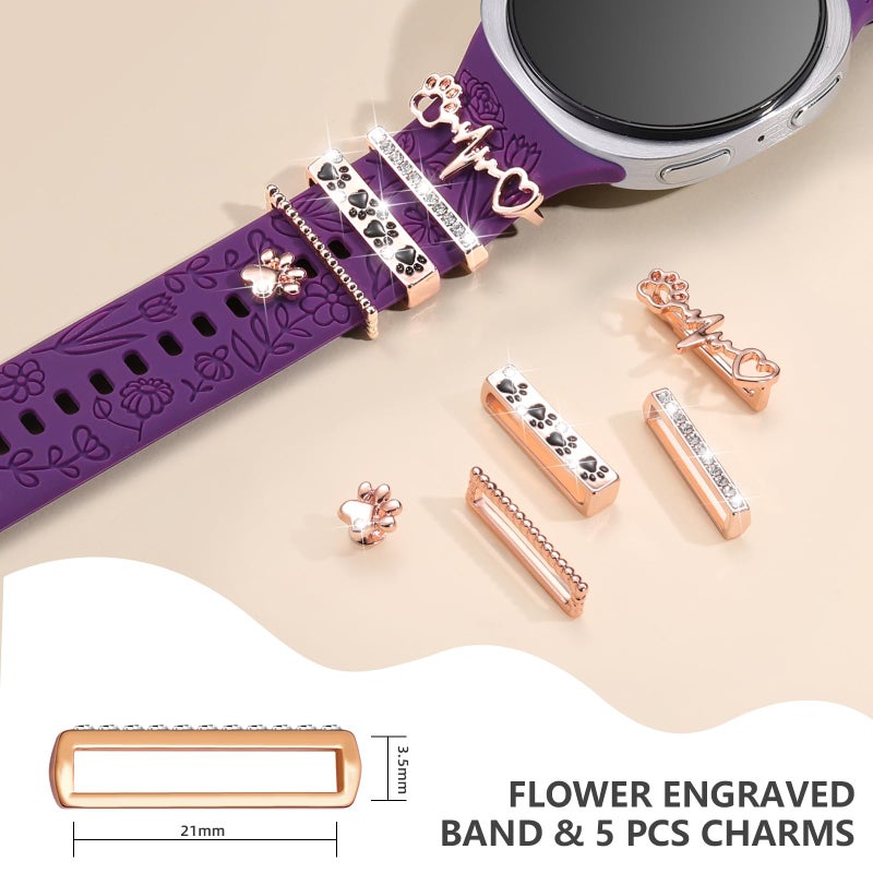 DaQin Flower Engraved Bands Compatible with Samsung Galaxy Watch 8 Band 40mm 44mm/Galaxy Watch 8 Classic 46mm, Soft Silicone Replacement Strap with Fancy Decorative Charms Accessories for Women - Image 4