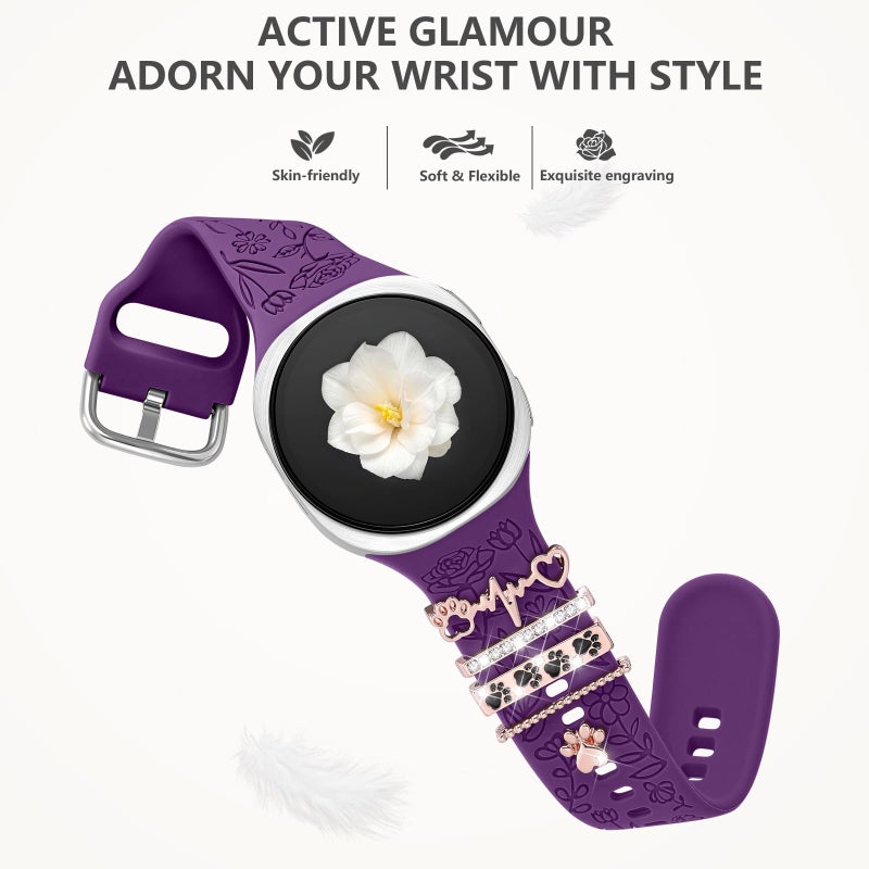 DaQin Flower Engraved Bands Compatible with Samsung Galaxy Watch 8 Band 40mm 44mm/Galaxy Watch 8 Classic 46mm, Soft Silicone Replacement Strap with Fancy Decorative Charms Accessories for Women - Image 5