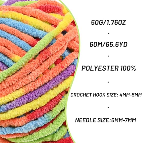 OMoiut Plush Chenille Chunky Crochet - Baby Crochet Yarn Soft Velvet for Knitting Blankets Crafts - Fluffy Amigurumi Yarn 50g / 65.6yd (Rainbow) - Image 2