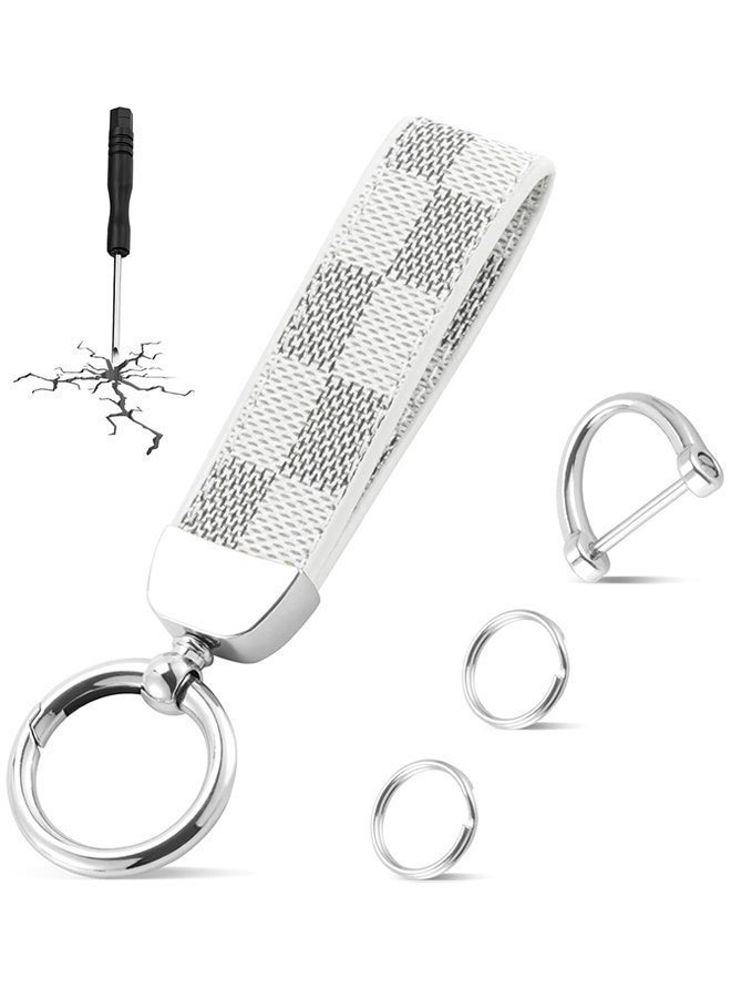 Car PU Leather Metal Keychain - Plaid Leather Zinc Alloy Ring 360° Rotating - Car Universal Wrist Band - Key School Bag Car Decoration Pendant - Black/Send a Screwdriver - Image 2