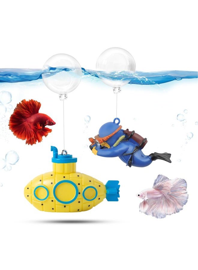 CousDUoBe 2.1 in Mini Floating Submarine Fish Tank Decoration，Cute Retro Submarine Set and Floating Diver,Aquarium Decorations Resinous Betta Fish Tank Accessories - Image 1