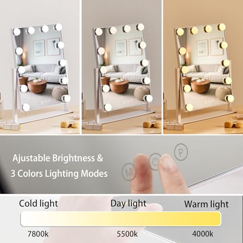HIEEY Hollywood Vanity Mirror with 12 Dimmable Bulbs Lights, Three Color Lighting Modes, and 5X Magnification, Smart Touch Control, 360°Rotation (White,Gift Box) - Image 2