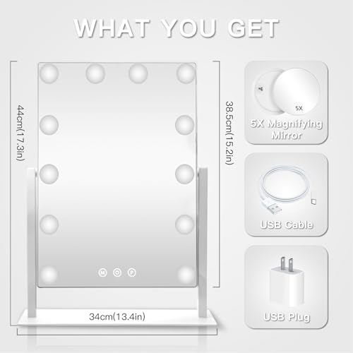 HIEEY Hollywood Vanity Mirror with 12 Dimmable Bulbs Lights, Three Color Lighting Modes, and 5X Magnification, Smart Touch Control, 360°Rotation (White,Gift Box) - Image 3