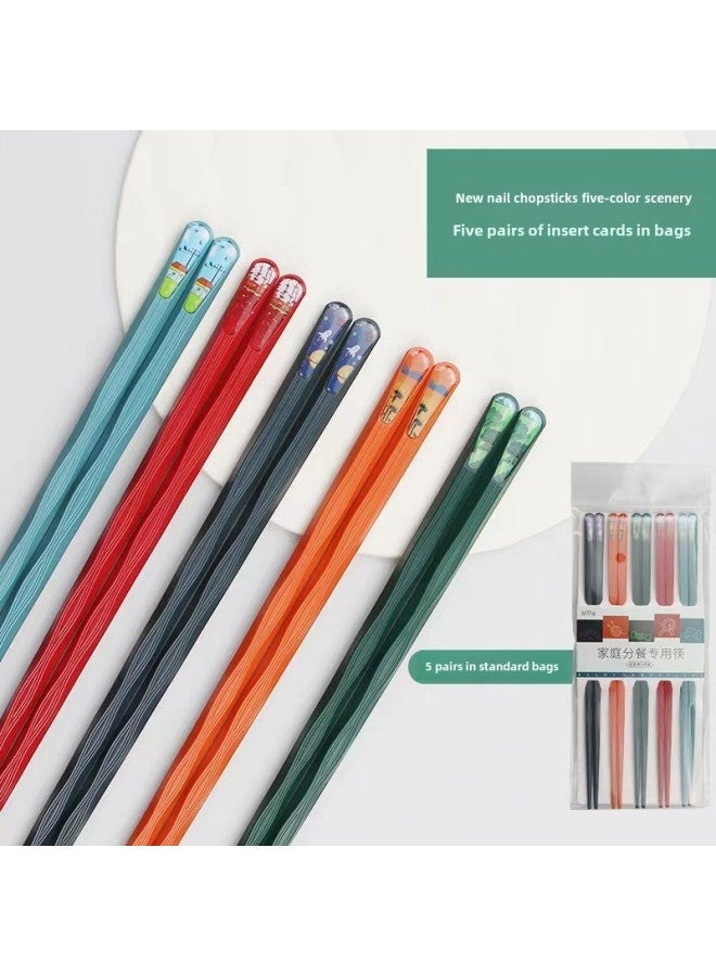 Source Japanese Household Healthy Meal Alloy Chopsticks 5 Pairs Of Nail Chopsticks Character Scenery-Color:Nail Chopsticks Five Color Scenery 5 Pair Card Pocket  - Image 3