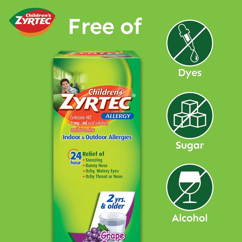 Zyrtec 24 Hour Children's Allergy Syrup with Cetirizine HCl, Antihistamine Allergy Medicine for Indoor & Outdoor Allergy Relief for Kids, Dye-Free & Sugar-Free, Grape Flavor, 8 fl. oz - Image 2