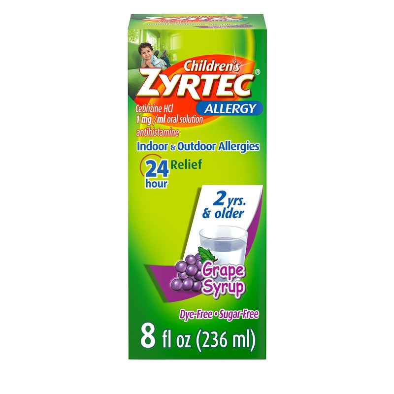 Zyrtec 24 Hour Children's Allergy Syrup with Cetirizine HCl, Antihistamine Allergy Medicine for Indoor & Outdoor Allergy Relief for Kids, Dye-Free & Sugar-Free, Grape Flavor, 8 fl. oz - Image 1