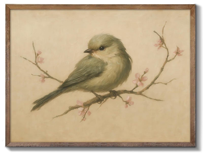 XOCUUI Vintage Spring Bird Oil Painting, Farmhouse Wall Decor Watercolor Cherry Blossom Canvas Prints, Antique Nature Line Drawing Wall Art Picture For Living Room Bathroom Gallery - 8x10inch Unframed - Image 1