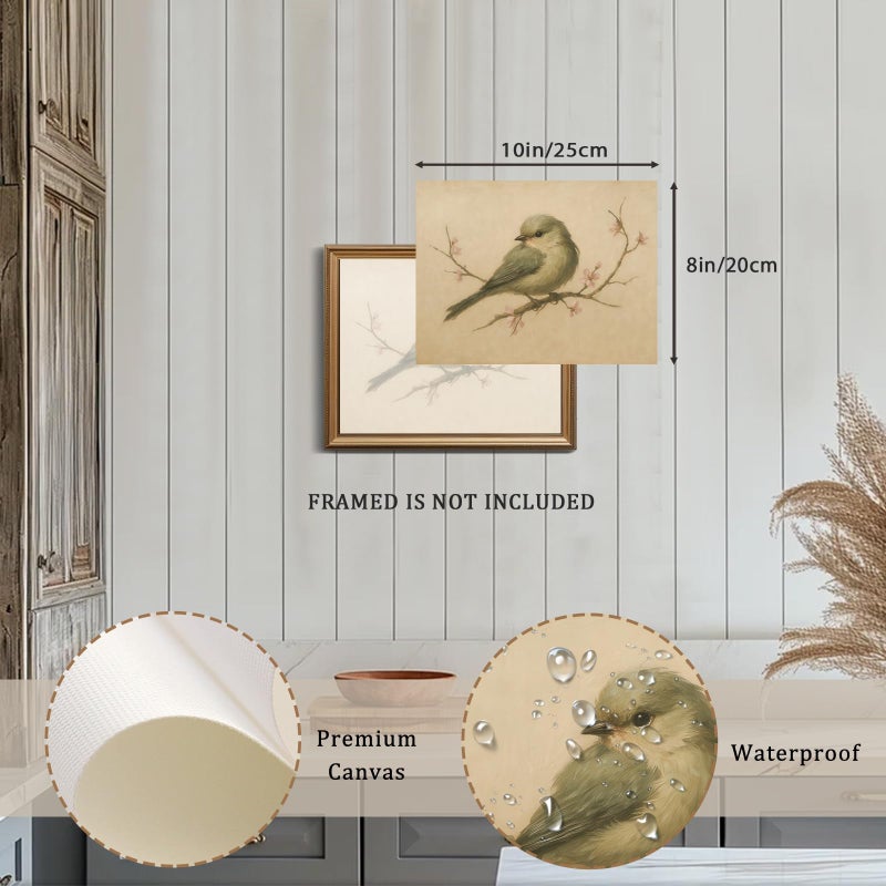XOCUUI Vintage Spring Bird Oil Painting, Farmhouse Wall Decor Watercolor Cherry Blossom Canvas Prints, Antique Nature Line Drawing Wall Art Picture For Living Room Bathroom Gallery - 8x10inch Unframed - Image 2