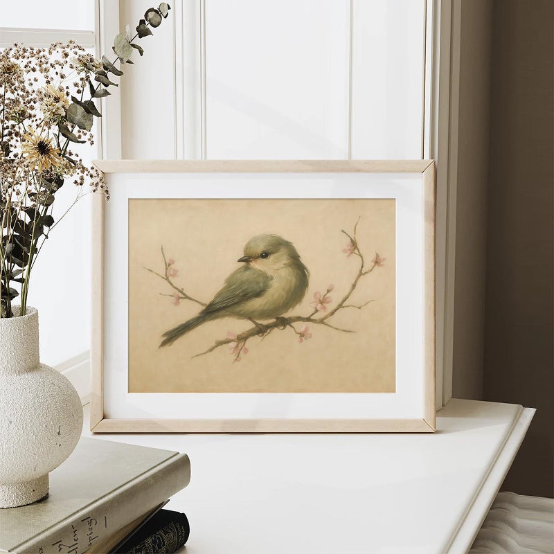 XOCUUI Vintage Spring Bird Oil Painting, Farmhouse Wall Decor Watercolor Cherry Blossom Canvas Prints, Antique Nature Line Drawing Wall Art Picture For Living Room Bathroom Gallery - 8x10inch Unframed - Image 3