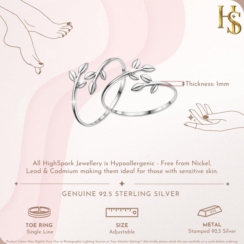 HighSpark 92.5 Sterling Silver Toe Rings for Women | 92.5 Sterling Silver Adjustable Contemporary Style & Stunning Shine | Lovely Gift - Leaf - Image 2