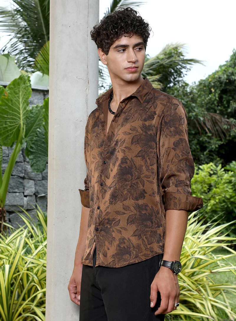Campus Sutra Campus Sutra Men Papillon-Garden Imprint Shirt | Relaxed Fit With Spread Collar & Floral Pattern | Lightweight Polyester Fabric | Club Wear & Casual Outings | Chocolate Brown