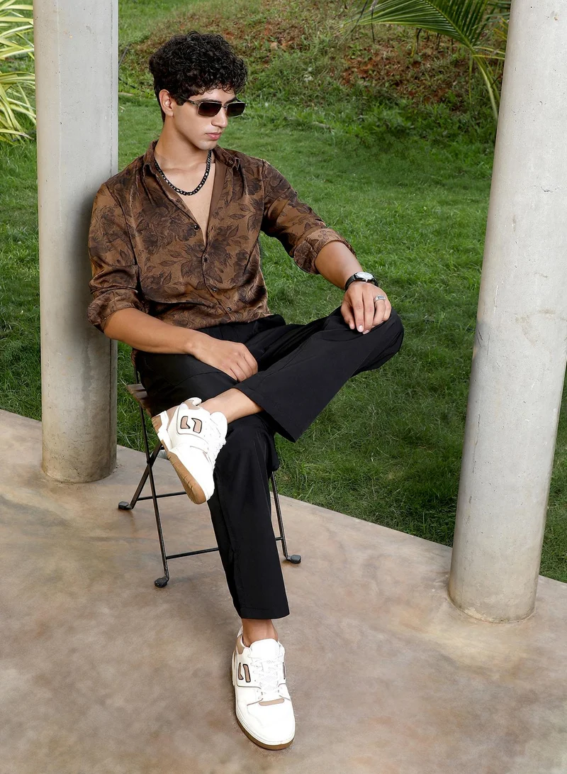 Campus Sutra Campus Sutra Men Papillon-Garden Imprint Shirt | Relaxed Fit With Spread Collar & Floral Pattern | Lightweight Polyester Fabric | Club Wear & Casual Outings | Chocolate Brown