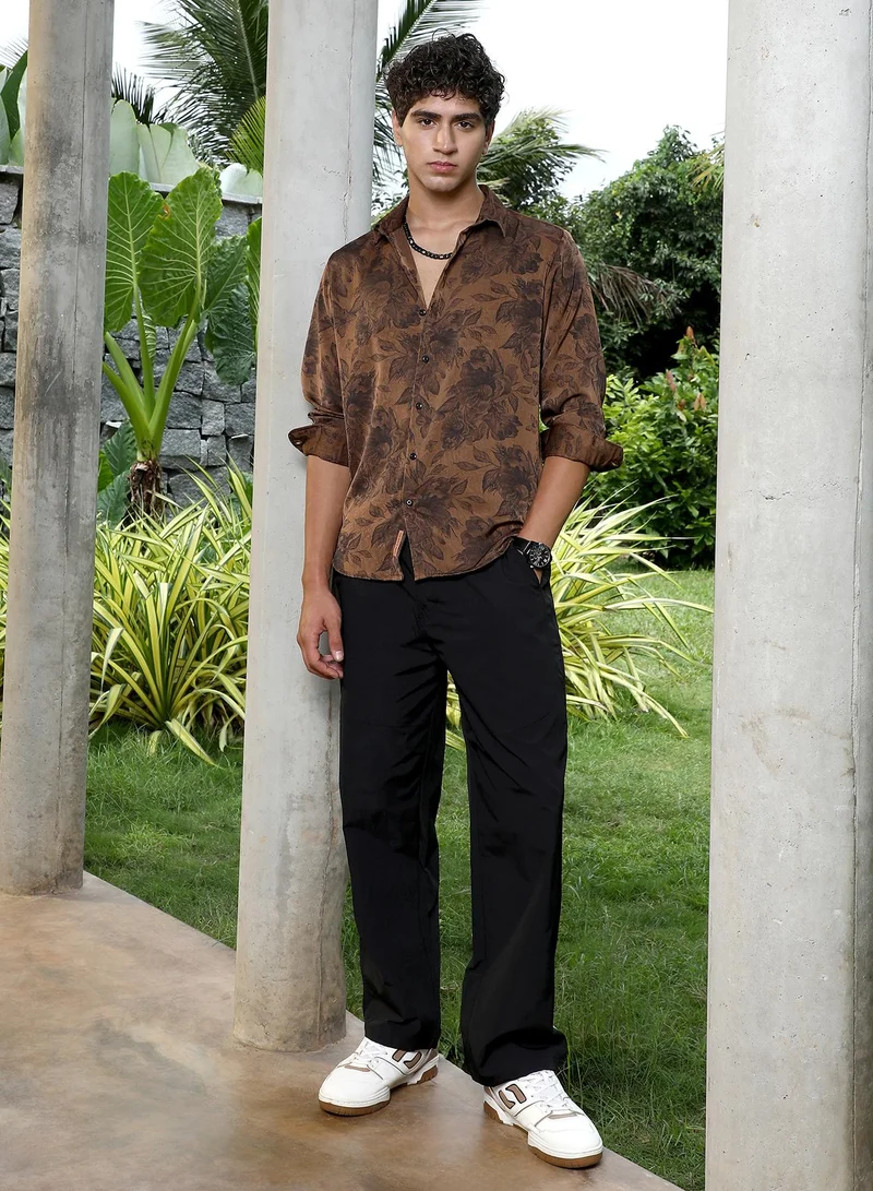Campus Sutra Campus Sutra Men Papillon-Garden Imprint Shirt | Relaxed Fit With Spread Collar & Floral Pattern | Lightweight Polyester Fabric | Club Wear & Casual Outings | Chocolate Brown