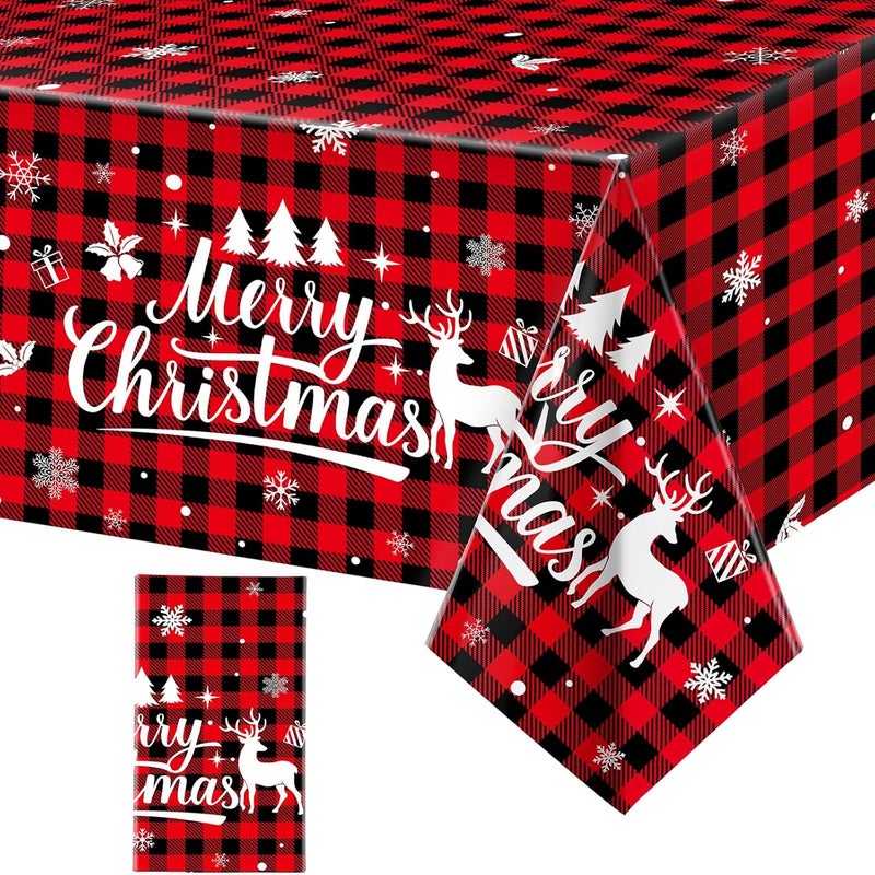 Irenare غطاء طاولة عيد الميلاد 1 قطعة باللونين الأحمر والأسود بتصميم مربعات البيسون غطاء طاولة عيد ميلاد بلاستيكي قابل للتخلص مع زخارف الثلج والأيائل لعيد الميلاد لوازم حفلات الشتاء 54 × 108 بوصة - Image 1