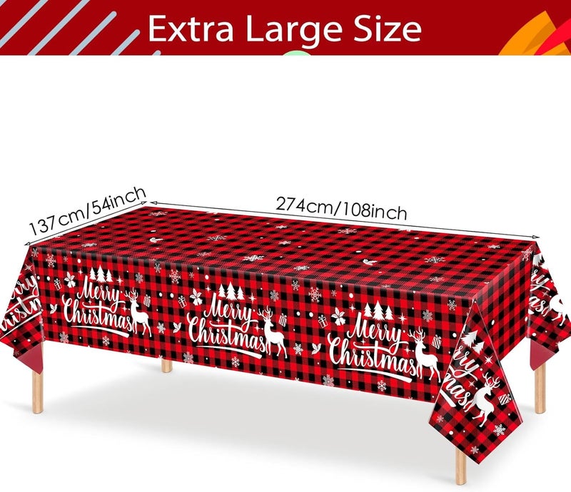 Irenare غطاء طاولة عيد الميلاد 1 قطعة باللونين الأحمر والأسود بتصميم مربعات البيسون غطاء طاولة عيد ميلاد بلاستيكي قابل للتخلص مع زخارف الثلج والأيائل لعيد الميلاد لوازم حفلات الشتاء 54 × 108 بوصة - Image 2