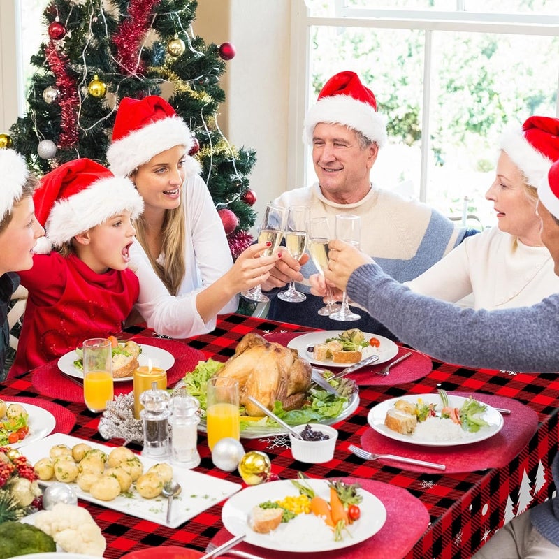 Irenare غطاء طاولة عيد الميلاد 1 قطعة باللونين الأحمر والأسود بتصميم مربعات البيسون غطاء طاولة عيد ميلاد بلاستيكي قابل للتخلص مع زخارف الثلج والأيائل لعيد الميلاد لوازم حفلات الشتاء 54 × 108 بوصة - Image 5