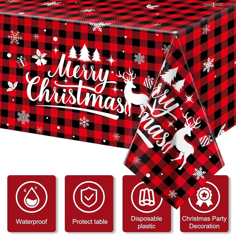 Irenare غطاء طاولة عيد الميلاد 1 قطعة باللونين الأحمر والأسود بتصميم مربعات البيسون غطاء طاولة عيد ميلاد بلاستيكي قابل للتخلص مع زخارف الثلج والأيائل لعيد الميلاد لوازم حفلات الشتاء 54 × 108 بوصة - Image 4