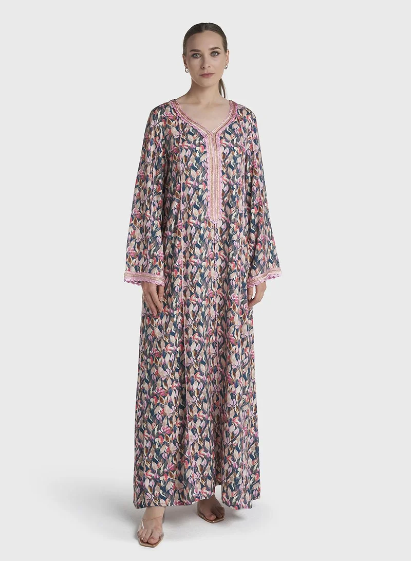 كشخة Multicolour Leaf Print Rayon Jalabiya (VG3317)