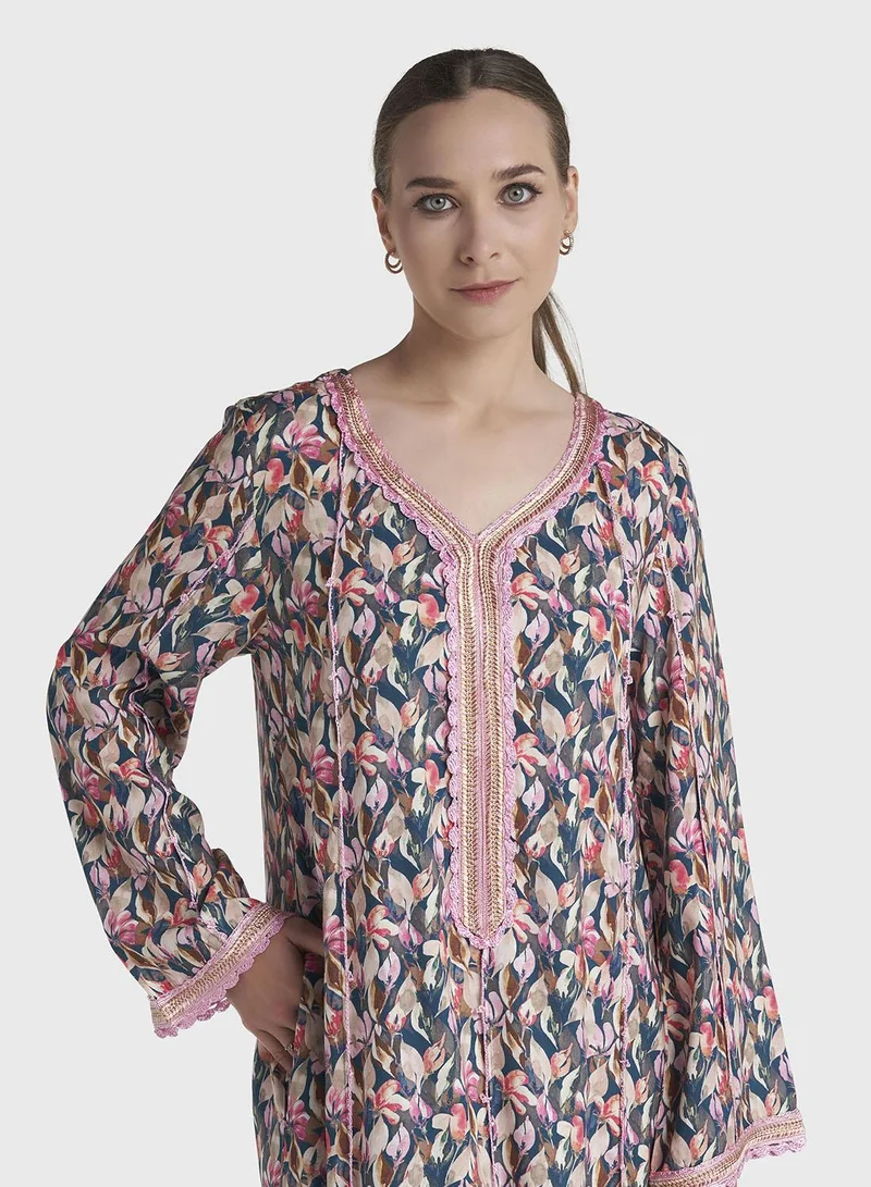 كشخة Multicolour Leaf Print Rayon Jalabiya (VG3317)