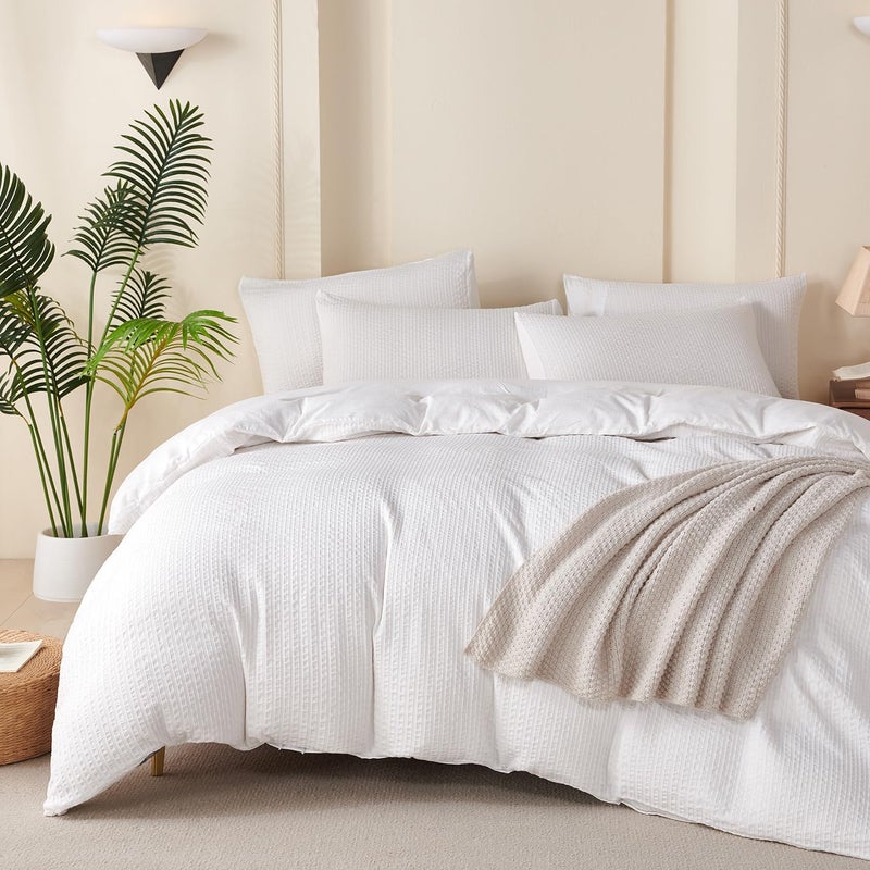 BUPIRD غطاء لحاف كوين مخطط أبيض، مايكروفايبر مغسول جاكار 100% 3 قطع كوين مخطط، مع إغلاق بسحاب وربطات الزوايا، خفيف الوزن ناعم مريح قابل للتنفس (بدون لحاف) - Image 1