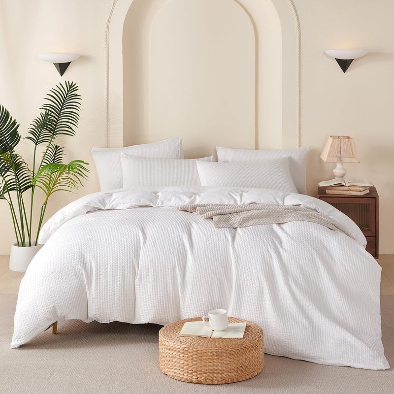 BUPIRD غطاء لحاف كوين مخطط أبيض، مايكروفايبر مغسول جاكار 100% 3 قطع كوين مخطط، مع إغلاق بسحاب وربطات الزوايا، خفيف الوزن ناعم مريح قابل للتنفس (بدون لحاف) - Image 2