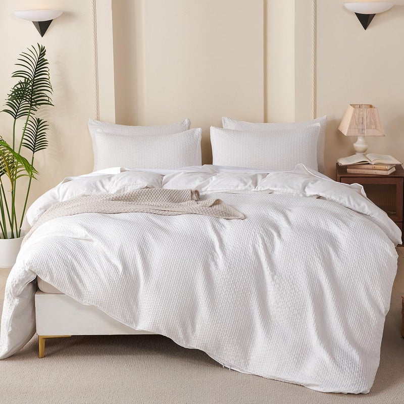 BUPIRD غطاء لحاف كوين مخطط أبيض، مايكروفايبر مغسول جاكار 100% 3 قطع كوين مخطط، مع إغلاق بسحاب وربطات الزوايا، خفيف الوزن ناعم مريح قابل للتنفس (بدون لحاف) - Image 3
