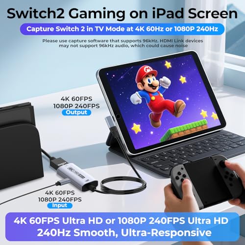 Guermok 4K USB3.0 HDMI Capture Card for Streaming, PD100W, 90° USBC, 3.3ft 4K@60FPS 1080P@240FPS HDMI to USB A/C Video Capture Devices for Pad/Tablet/MacOS /Switch2/1/ Camera/PC/Laptop - Image 2