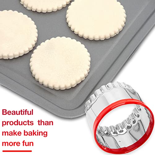 COOKIEQUE 4-Pieces Fluted Round Cookie Cutters, Metal Circle Biscuit Cutters Set, Wave Cookies Cutter with Fluted Edge, Unique Design with Protective Red Top PVC - Image 4