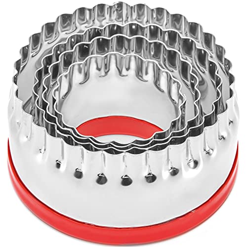 COOKIEQUE 4-Pieces Fluted Round Cookie Cutters, Metal Circle Biscuit Cutters Set, Wave Cookies Cutter with Fluted Edge, Unique Design with Protective Red Top PVC - Image 1