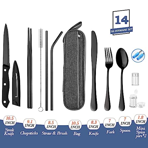 HOMMALY Portable Reusable Travel Utensils Silverware with Case,Travel Camping Cutlery set,Chopsticks and Straw, Flatware Cutlery with Case, Stainless steel Utensil set Top (Black) - Image 2