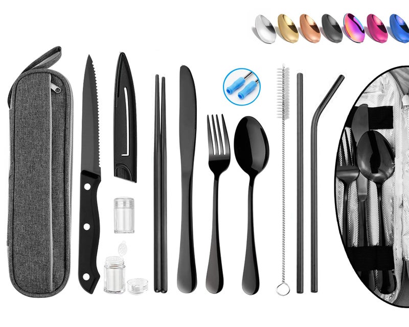 HOMMALY Portable Reusable Travel Utensils Silverware with Case,Travel Camping Cutlery set,Chopsticks and Straw, Flatware Cutlery with Case, Stainless steel Utensil set Top (Black) - Image 1