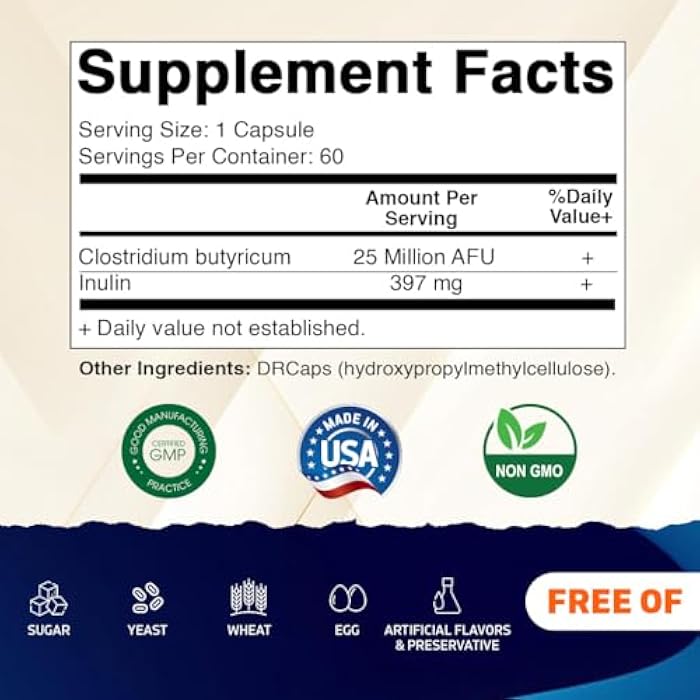 Vitamatic Clostridium butyricum 25 Million - Gut Health - 60 DR Capsules (Delayed Released) - Made with Prebiotic Inulin Fiber- 2 Pack - Image 2
