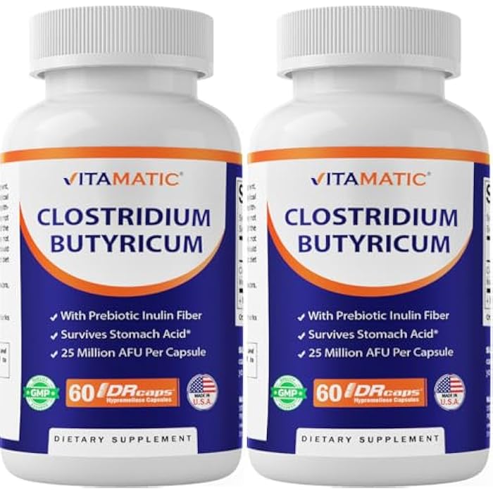Vitamatic Clostridium butyricum 25 Million - Gut Health - 60 DR Capsules (Delayed Released) - Made with Prebiotic Inulin Fiber- 2 Pack - Image 1