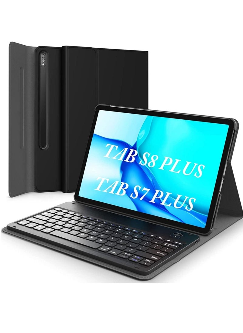 ELTRAZONE Galaxy Tab S8 Plus/ S7 Plus Keyboard Case, Wireless Detachable, PU Leather Stand Cover, Micro USB Rechargeable, Keyboard Case for Samsung Galaxy Tab S8+ 2022, S7+ 2020 12.4", Black  - Image 1