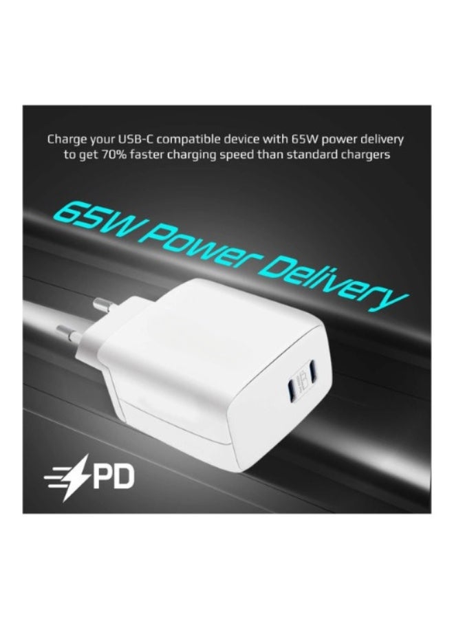 ريبنيو شاحن GaN بقوة 65 واط بتقنية USB-C Power Delivery، شاحن سريع عالمي قوي بتقنية GaN مزود بمنفذي Type-C، شحن تكيفي وحماية من الشحن الزائد للأجهزة التي تعمل بمنفذ USB-C، POWERPORT-65.EU-WT أبيض - Image 3