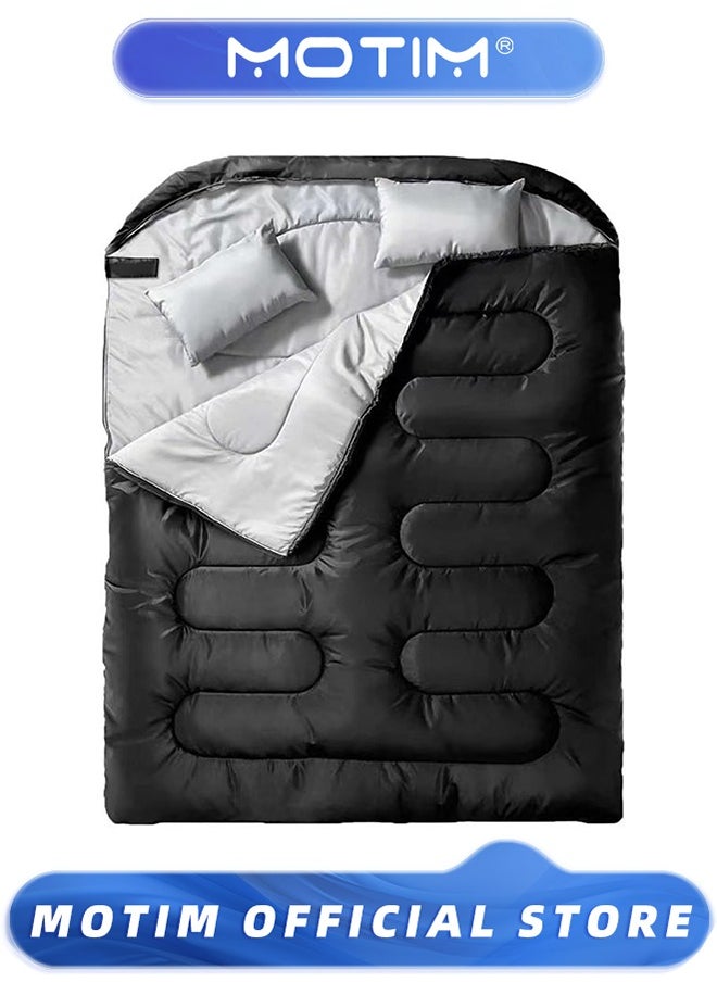 Motim Double Sleeping Bag, Cold Weather Queen-Size Sleeping Bag with 2 Pillows for Adults 2 Person Sleeping Bag for Family Camping,Compression Sack Included Black  - Image 1